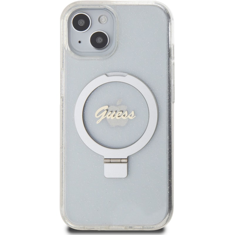 Θήκη Apple iPhone 15 - Guess Magsafe Ring Stand Glitter Hard Case Script Logo - Διάφανο