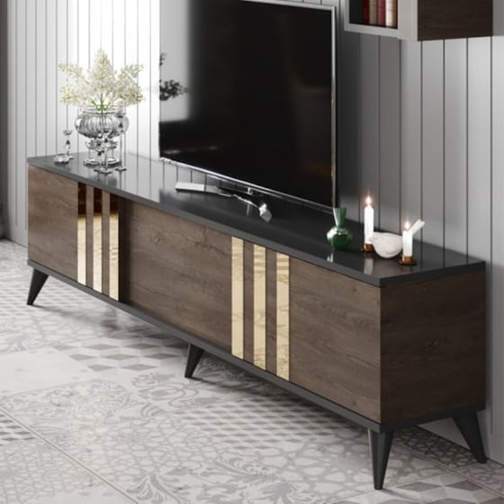 Έπιπλο Τηλεόρασης 24Mall Tricolore από Μοριοσανίδα 180x30x47 cm - Καφέ/Μαύρο/Χρυσό image 3