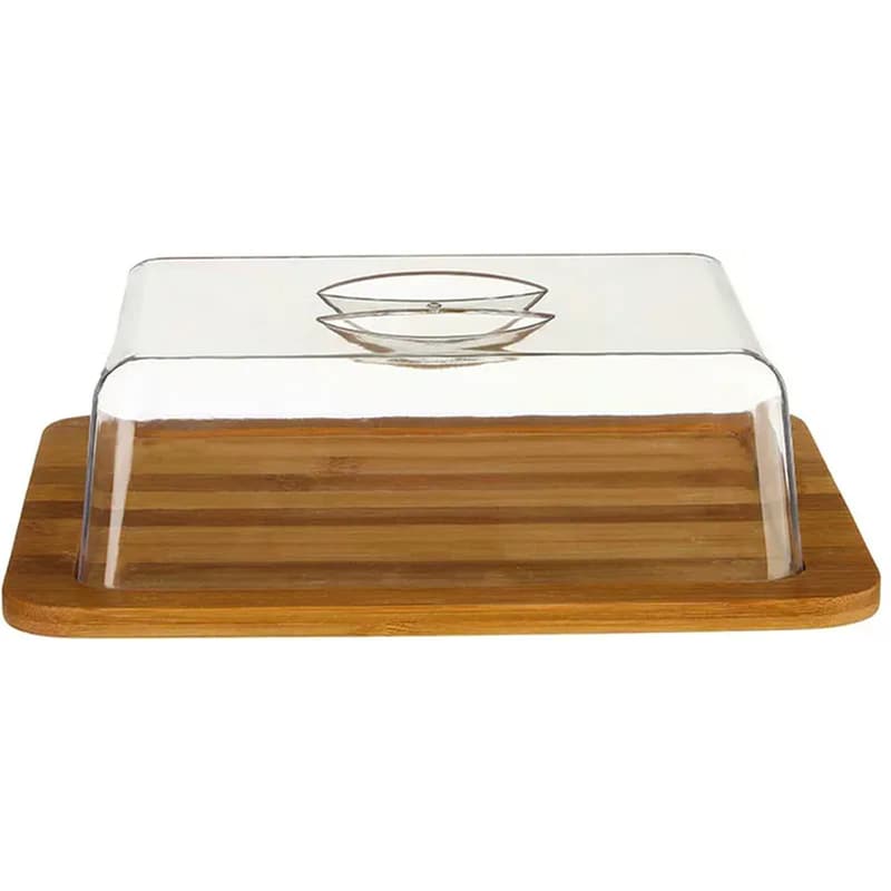 SPITISHOP Τυριέρα με Καπάκι Spitishop Μπαμπού 26x20x7.5cm - Διάφανο/Καφέ