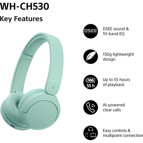 Sony WH-CH530 Ασύρματα Ακουστικά Κεφαλής Bluetooth - Mint image 1