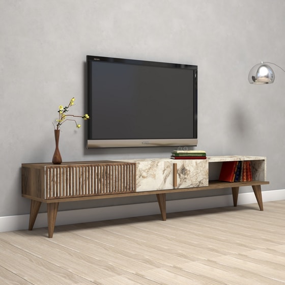 Έπιπλο Τηλεόρασης από Μοριοσανίδα  180x35x40cm  - Καρυδί/Λευκό image 1