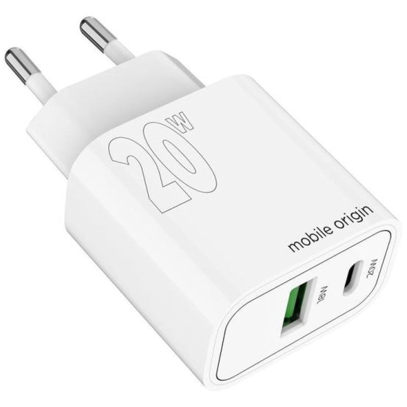 Φορτιστής Πρίζας Mobile Origin USB-A, USB-C 20 W - Λευκό