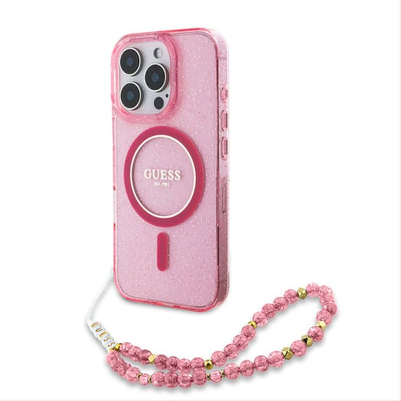 Θήκη Apple iPhone 16 Pro - Guess Glitter with Pearl Strap MagSafe - Pink GUESS