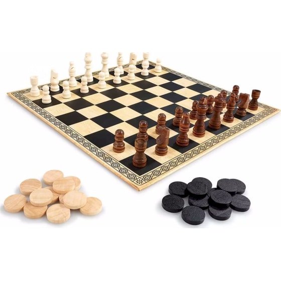 Chess & Draughts Σκάκι & Ντάμα Ξύλινο με Πούλια & Πιόνια 34x34cm (Addo) image 1