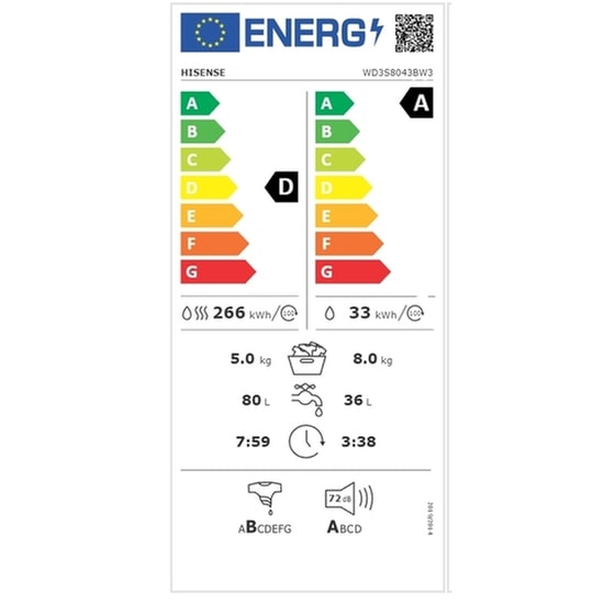 HISENSE WD3S8043BW3 8kg/5kg 1.400 Στροφές με WiFi Λευκό Πλυντήριο Στεγνωτήριο image 6