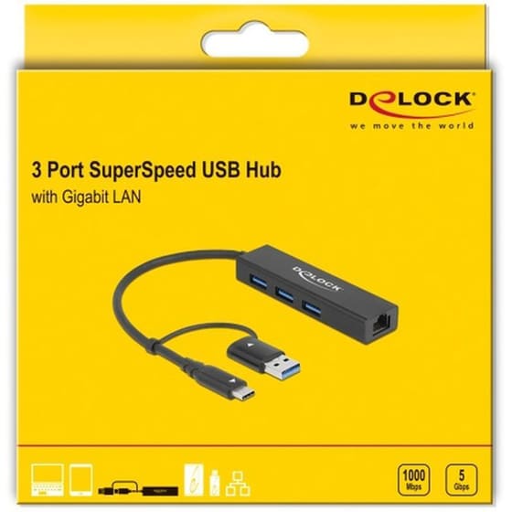Delock Usb Hub 64149 3x Usb 3.2 Gen 1/gigabit Lan 1000mbps, 5gbps, Μαύρο image 2