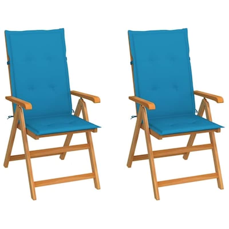 Vidaxl Καρέκλες Κήπου 2 Τεμ. Από Μασίφ Ξύλο Teak Με Μπλε Μαξιλάρια