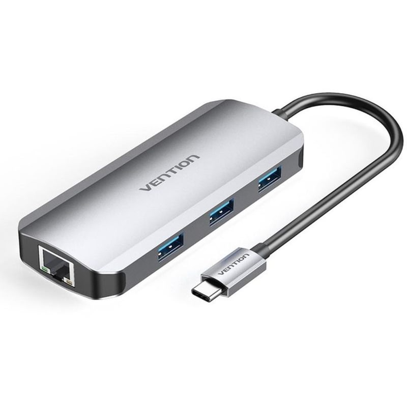 VENTION Docking Station Vention Type-c To Hdmi/usb 3.0x3/rj45/pd 100w 0.15m Gray Aluminum