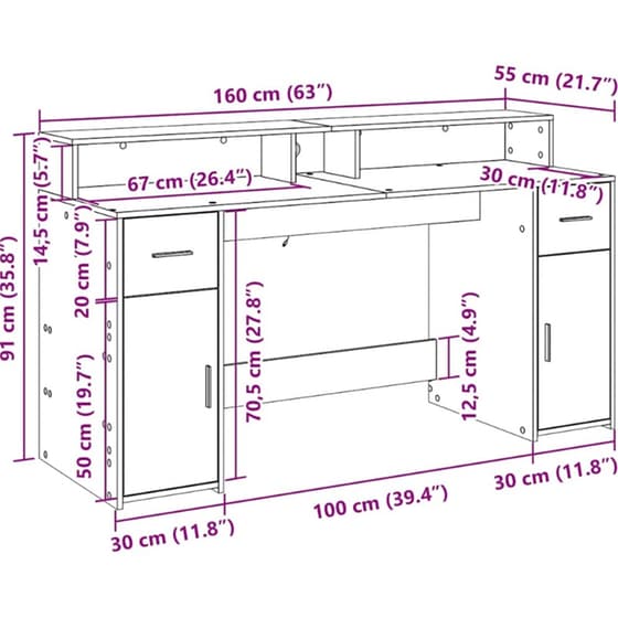 Γραφείο VidaXL με LED από Επεξεργασμένο Ξύλο 160x55x91 cm - Artisan Δρυς image 12