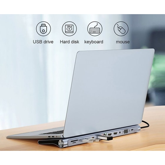 Docking Station Powertech BYL-2003U2 με 12 Θύρες, Βάση Laptop και USB-C - Γκρι image 3