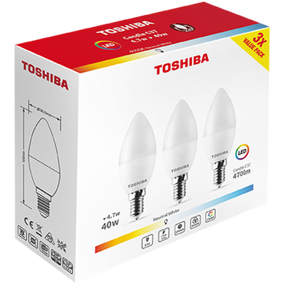 Λάμπες LED Toshiba C37 E14 4.7W 4000K 3Τμχ - Φυσικό Λευκό image 1