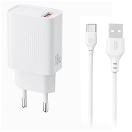 Φορτιστής Πρίζας XO L159 USB-A με Καλώδιο USB-C 18W Quick Charge 3.0 - Λευκό