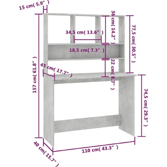 Γραφείο VidaXL με Ράφια από Μοριοσανίδα 110x45x157 cm - Γκρι Σκυροδέματος image 4