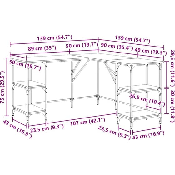 Γραφείο VidaXL από Επεξεργασμένο Ξύλο 139x139x75 cm - Γκρι Sonoma image 10