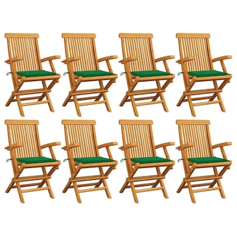 Vidaxl Καρέκλες Κήπου 8 Τεμ. Μασίφ Ξύλο Teak Με Πράσινα Μαξιλάρια