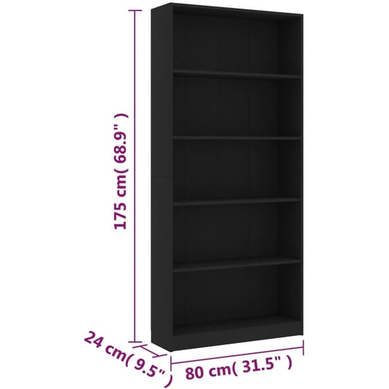 Βιβλιοθήκη VidaXL από Μοριοσανίδα 60x24x175 cm - Μαύρο image 5