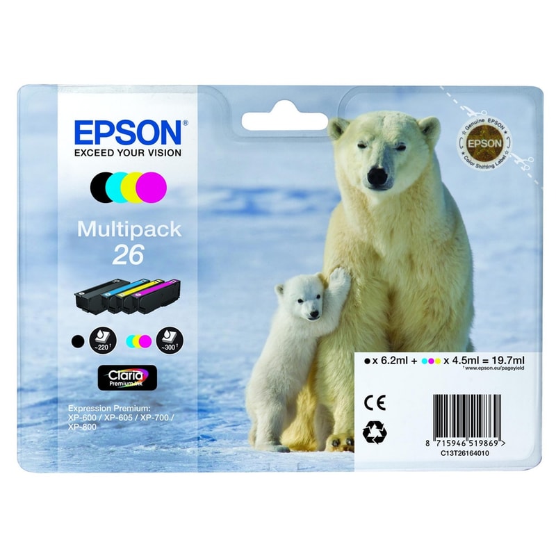 Epson 26 Κυανό / Ματζέντα / Κίτρινο / Μαύρο Πακέτο 4 Μελανιών Εκτυπωτή C13T26164010