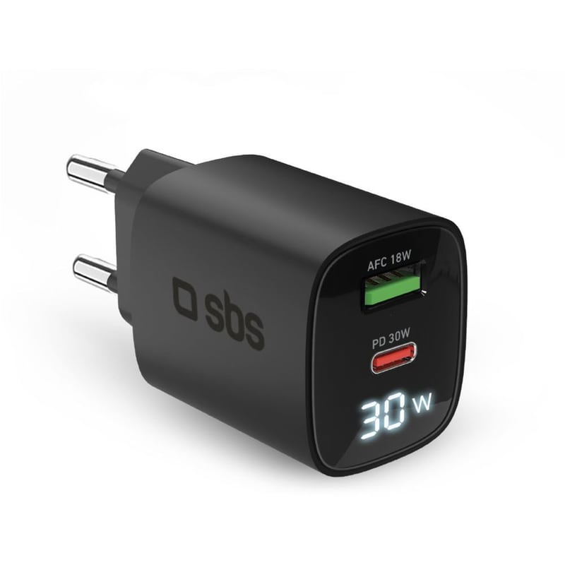 Φορτιστής Πρίζας SBS LCD Wall Charger 1x USB-C / 1x USB-A 30W - Black