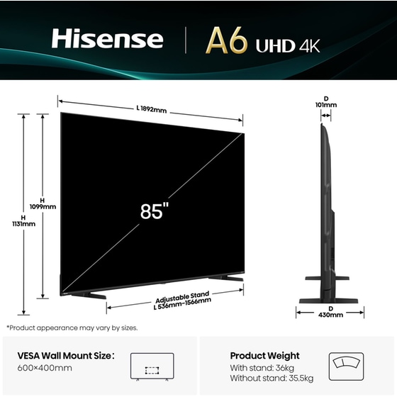 Hisense LED 85" 4K Smart Τηλεόραση 85A6Q image 3