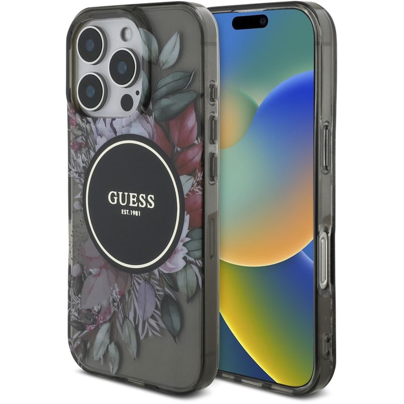 GUESS Θήκη Apple iPhone 16 Pro - Guess Flowers with Pearl Strap MagSafe- Black