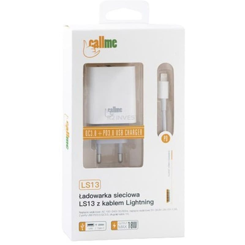 CALLME Φορτιστής Πρίζας Callme LS13 2x USB QC3.0/ PD 3.0/ Καλώδιο Lightning 18 W - White