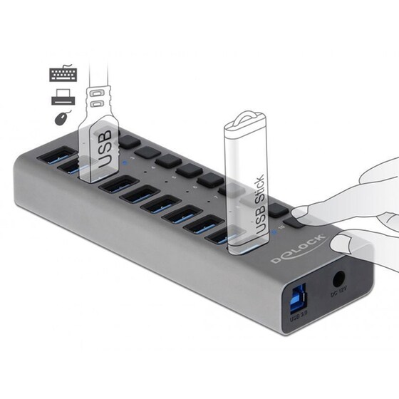 Delock Hub 10x Usb Με Διακόπτες 63670, Usb 3.0, 5gbps, Led, Γκρι image 1