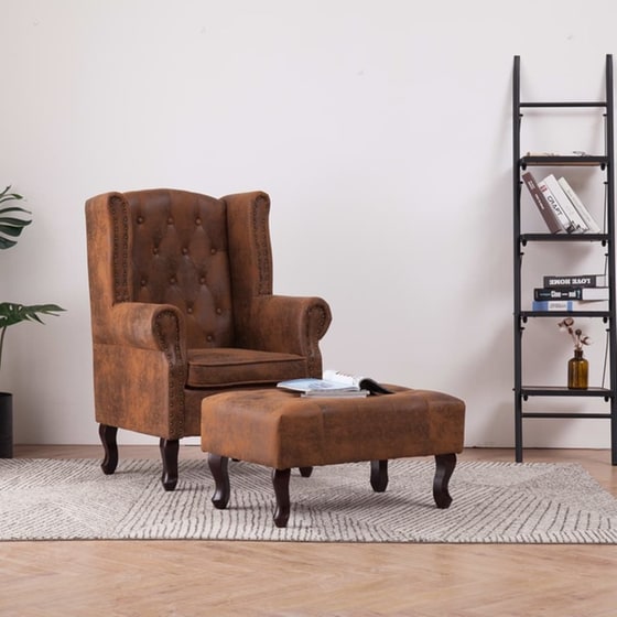 Πολυθρόνα VidaXL Chesterfield με Υποπόδιο από Συνθετικό Καστόρι - Καφέ image 2