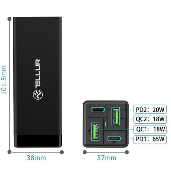 Φορτιστής  Laptop Tellur Universal 2x USB-C 85W, QC 3.0  2x USB-A 36W- Black (EU/UK/US) image 1