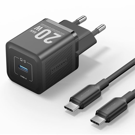 Σετ Φορτιστής Πρίζας Καλώδιο USB-C Vention 20W GaN TZ-FEPB0-EU-01 - Μαύρο image 0