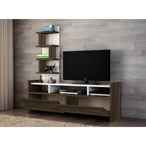 Έπιπλο Tηλεόρασης Mesina από Μοριοσανίδα 123.6x33x120cm - Καρυδί /Λευκό image 2