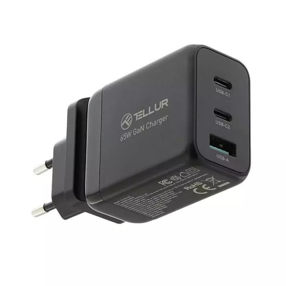 Φορτιστής Πρίζας Tellur 2x USB-C/USB-A 65W - Black image 0