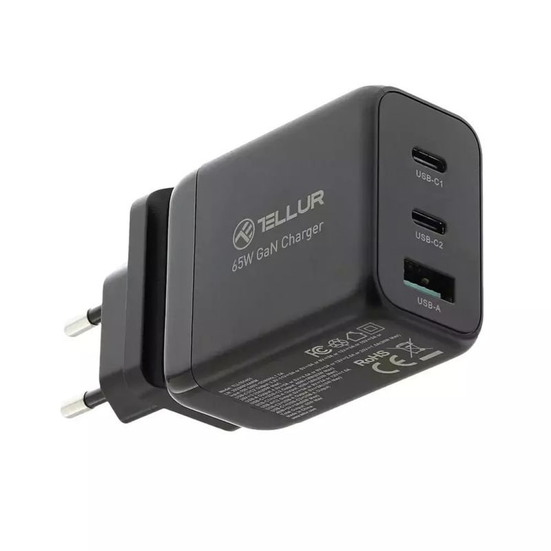 Φορτιστής Πρίζας Tellur 2x USB-C/USB-A 65W - Black φωτογραφία