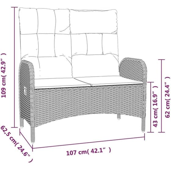 Παγκάκι Κήπου VidaXL με Μαξιλάρια από Συνθετικό Ρατάν 107x62.5x109 cm -  Μαύρο image 6