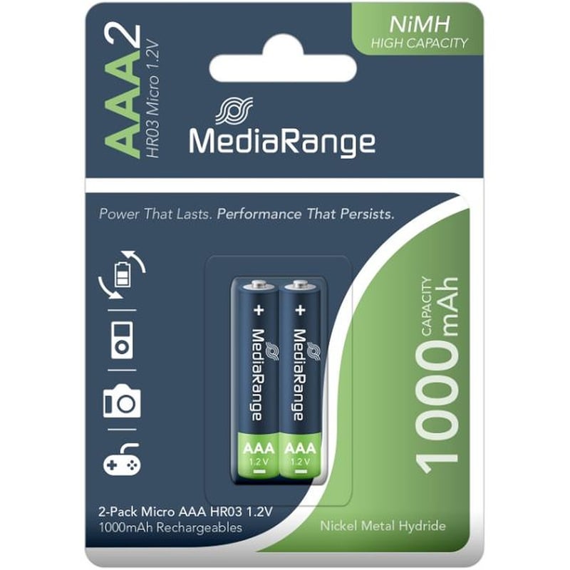 MediaRange High Capacity Rechargeable NiMH Accus Micro AAA|HR03|1.2V Pack 2 (MRBAT122)