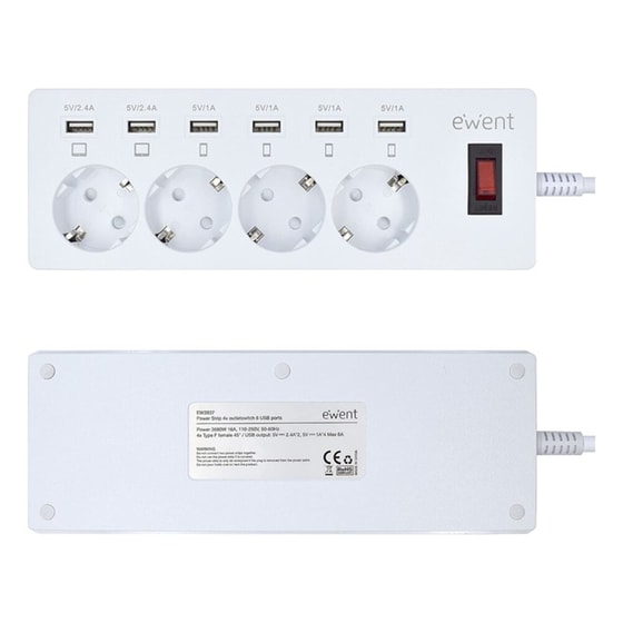 Πολύπριζο Ewent EW3937 4 Θέσεων & 6x Usb 1.8m - Λευκό image 1