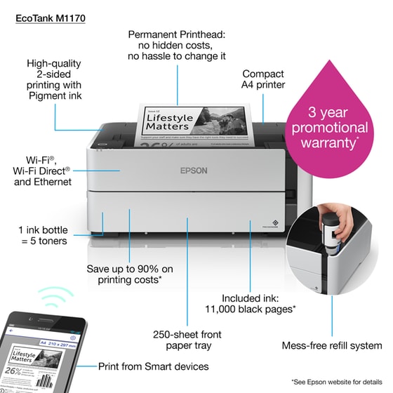 Epson EcoTank M1170 Ασπρόμαυρος Εκτυπωτής inkjet A4 με WiFi, Ethernet, Duplex Print (C11CH44402) image 1