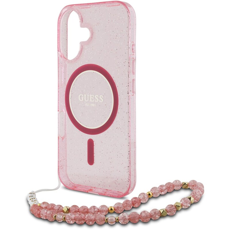 Θήκη Apple iPhone 16 Guess glitter Pearl Strap - Ροζ