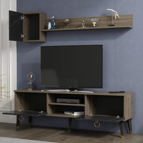 Έπιπλο Τηλεόρασης 24Mall Alpha από Μοριοσανίδα 150x50x35 cm - Μαύρο/Καρυδί image 3