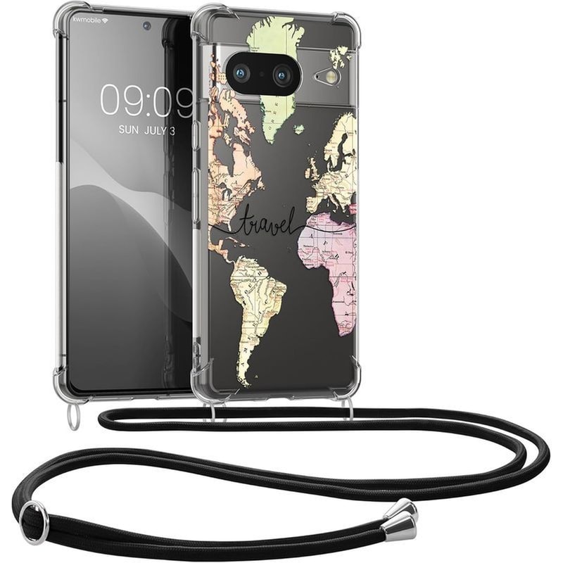 KWMOBILE Θήκη Google Pixel 8 - Kwmobile Crystal Tpu Necklace Διάφανη Σιλικόνης Με Λουράκι Λαιμού - Travel / Black / Multicolor / Transparent (61865.01)