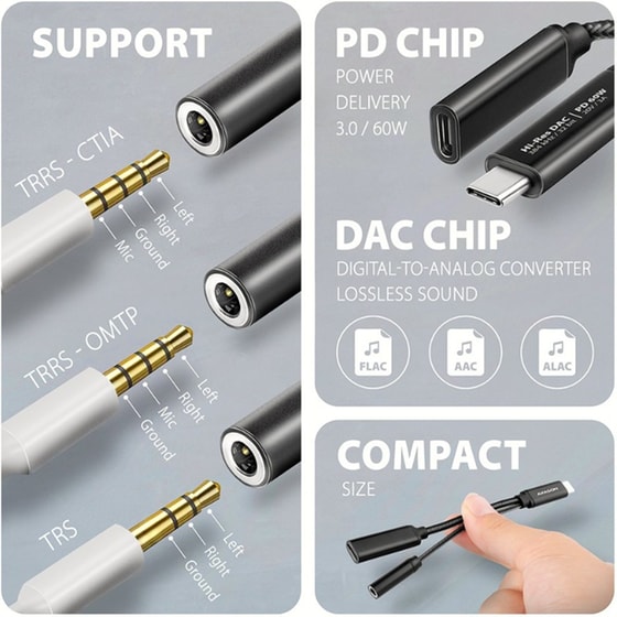 Αντάπτορας Ήχου AXAGON ADA-HCPD USB-C σε 3.5mm Jack Hi-Res DAC 384kHz/32bit με PD 60W 3A image 3