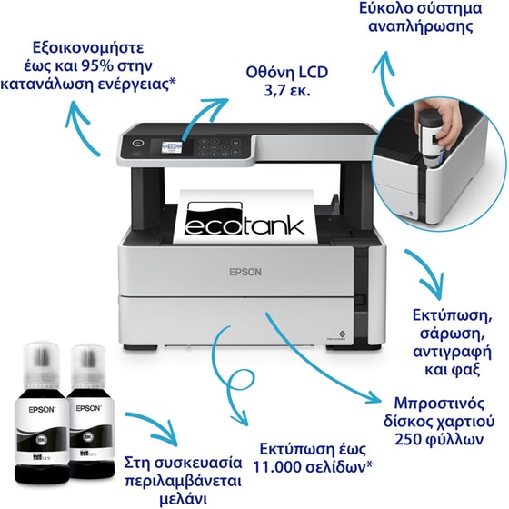 Epson EcoTank M2170 Ασπρόμαυρο Πολυμηχάνημα Inkjet A4 με WiFI, Ethernet, Duplex Print (C11CH43402) image 1