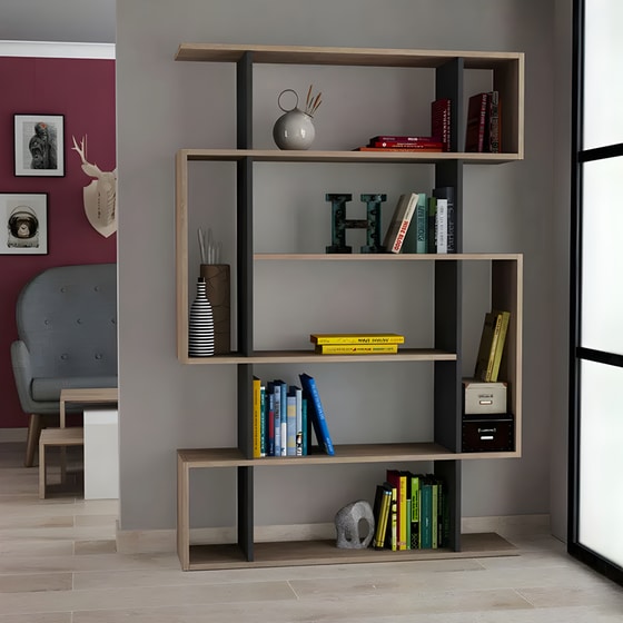 Βιβλιοθήκη Pakoworld Mito από Μοριοσανίδα 108.5x25.5x161 cm - Μπεζ/Ανθρακί image 1