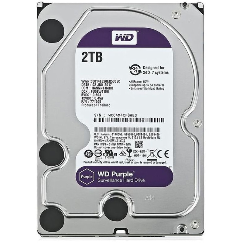 Σκληρός Δίσκος HDD WD 3.5 Purple Surveillance 2TB, 256MB, 5400 RPM, SATA III