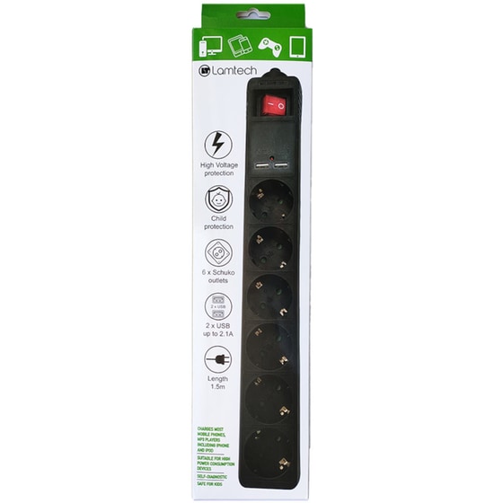 Πολύπριζο Ασφαλείας Lamtech LAM111955 6 θέσεων & 2x Usb 1.5m - Μαύρο image 1