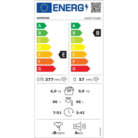 Πλυντήριο - Στεγνωτήριο SAMSUNG WD90T754ABH/S6 9kg/6kg 1.400 Στροφές - Λευκό image 5