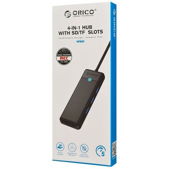 Orico Usb Hub Papw3at-u3 Με Sd/micro Sd/3x Usb Θύρες, 5gbps, Μαύρο image 3