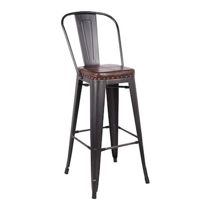WOODWELL Σκαμπό Μπαρ Μεταλλικό Antique Black Με Πλάτη Και Δερματίνη - Καφέ