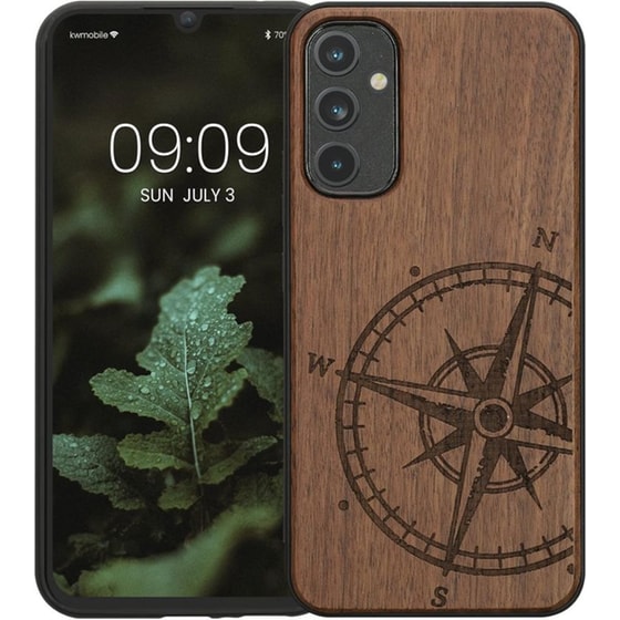 Θήκη Samsung Galaxy A34 - KWmobile Σκληρή Ξύλινη Θήκη Με Tpu Bumper - Walnut / Navigational Compass image 0