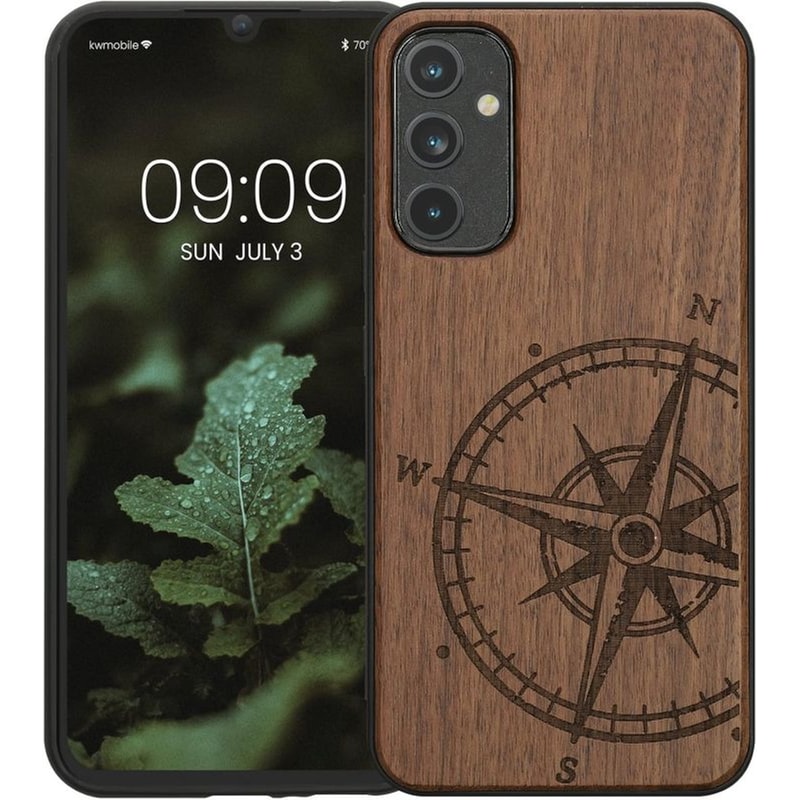 KWMOBILE Θήκη Samsung Galaxy A34 - KWmobile Σκληρή Ξύλινη Θήκη Με Tpu Bumper - Walnut / Navigational Compass