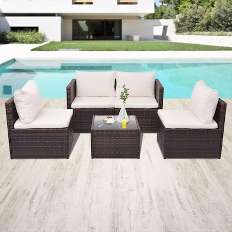 VIDAXL Σετ Σαλόνι Κήπου Vidaxl από Ρατάν με Μαξιλάρια 5 Τμχ - Λευκό